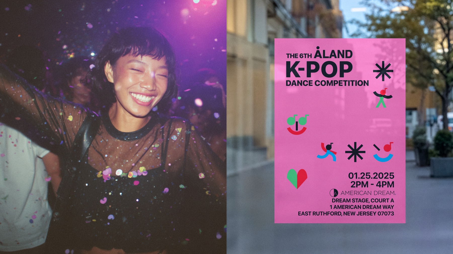 Pink ALAND K-pop Dance Competition poster placed beside an event photograph