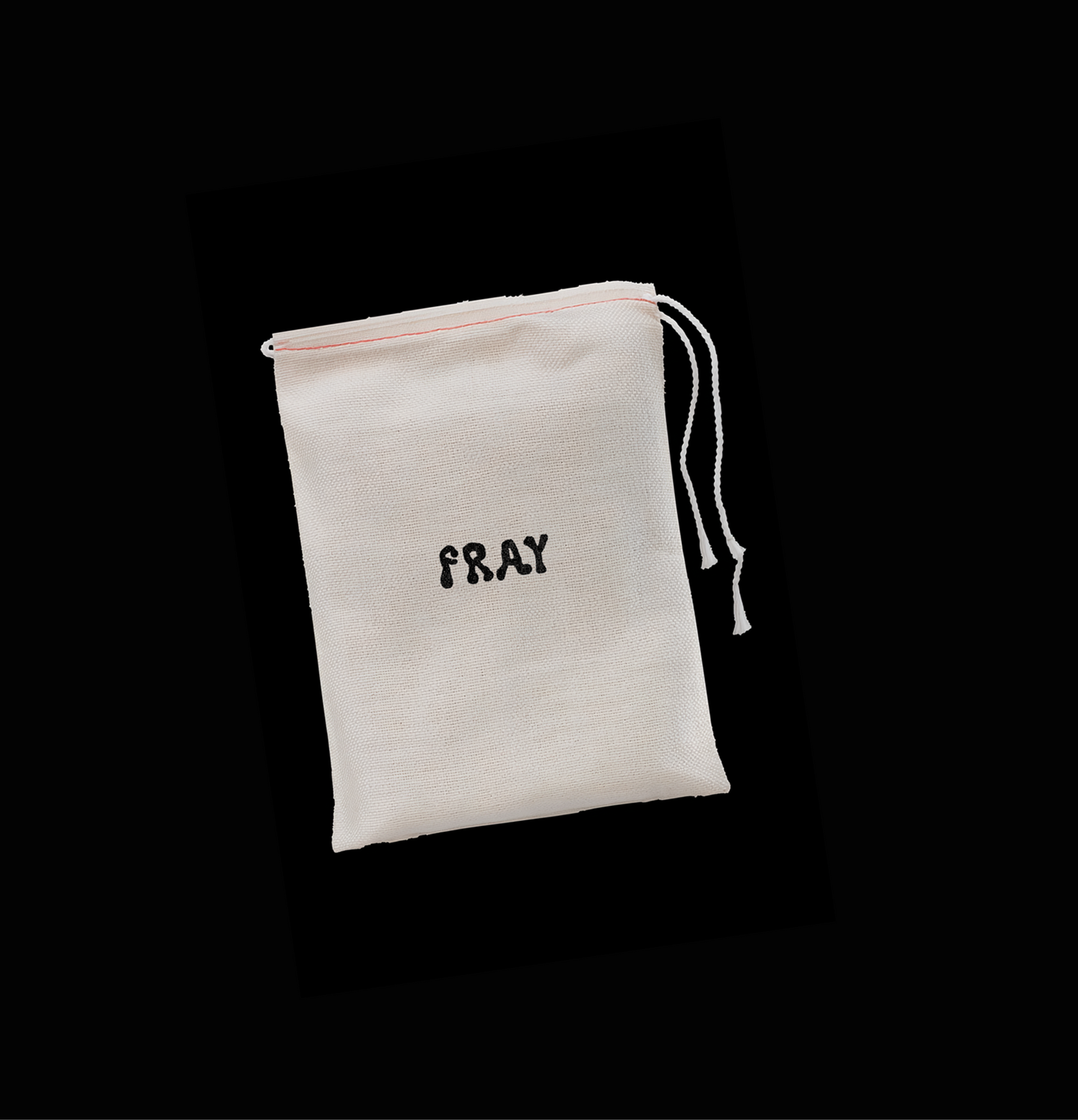 Hand-finished FRAY textile pouch with graphic lettering