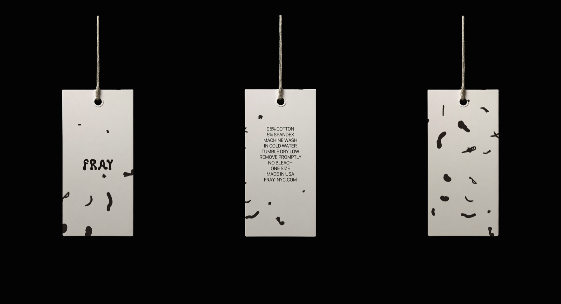 Three FRAY product tags showing the hand-drawn identity system