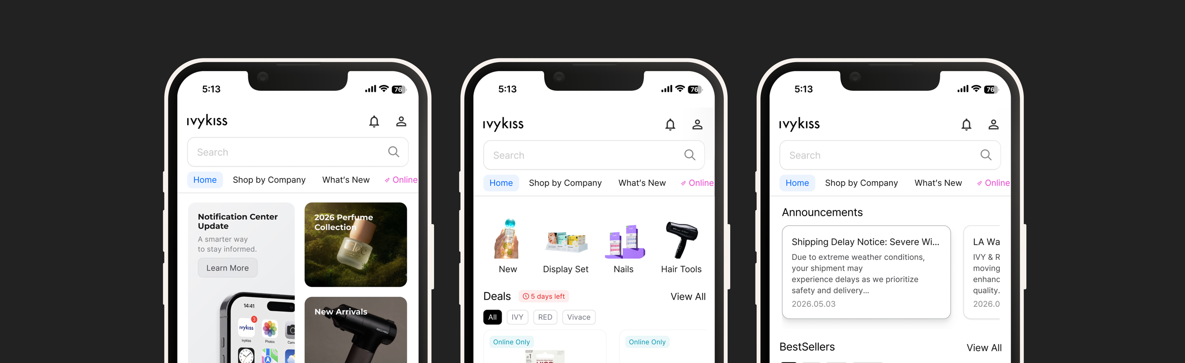 Redesigned Ivykiss mobile homepage with separate main content, product category, promotional product, and operational notice sections