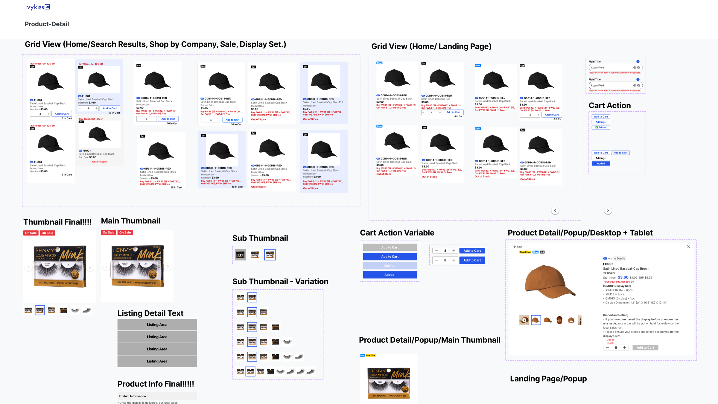 Previous Ivykiss Figma design-system page with scattered product cards, cart controls, thumbnails, and popup components
