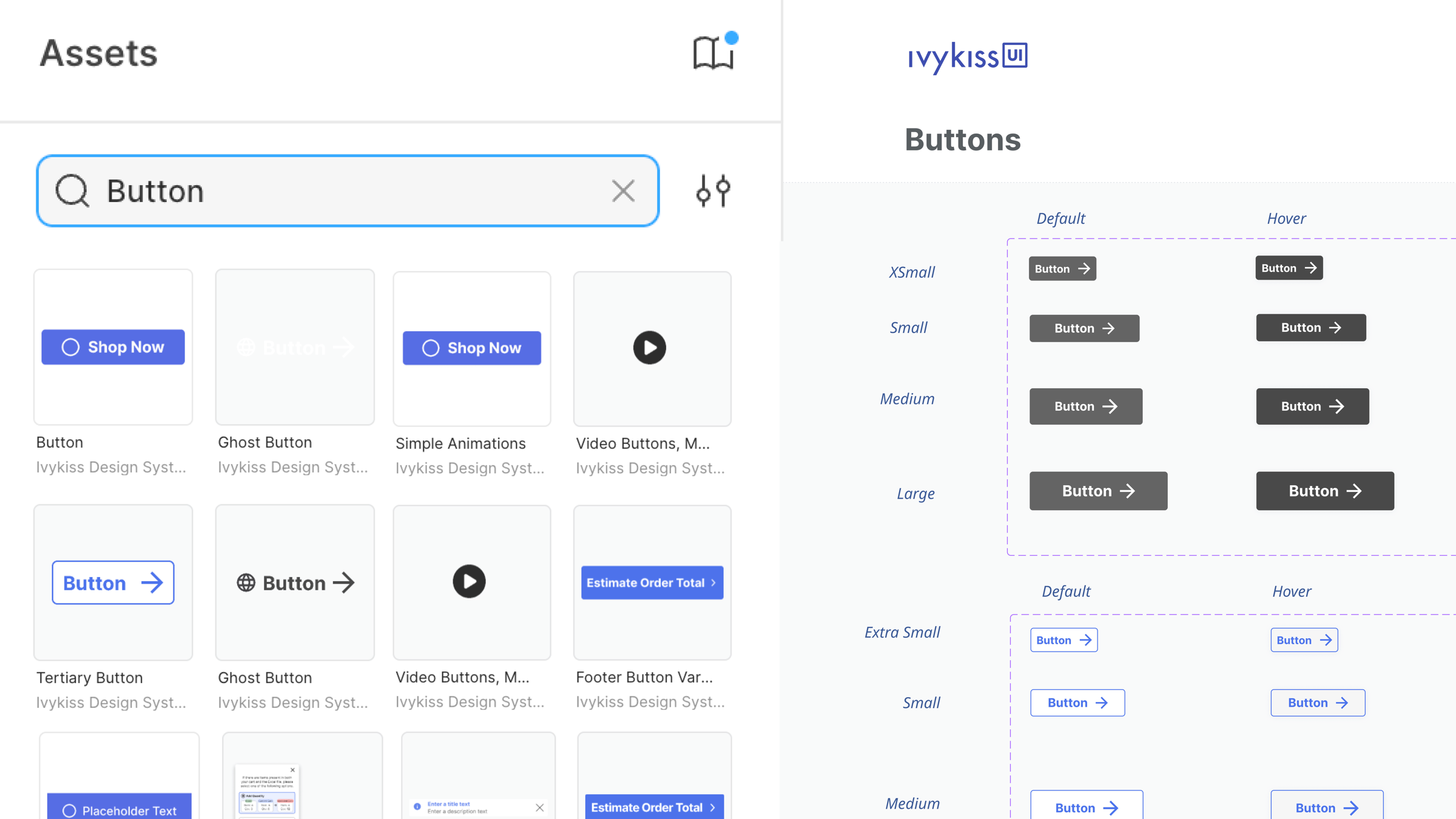 Search results showing several visually similar Ivykiss button components with unclear purposes
